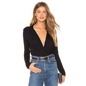 NWT Revolve Krisa size S black faux wrap thong style long sleeve bodysuit